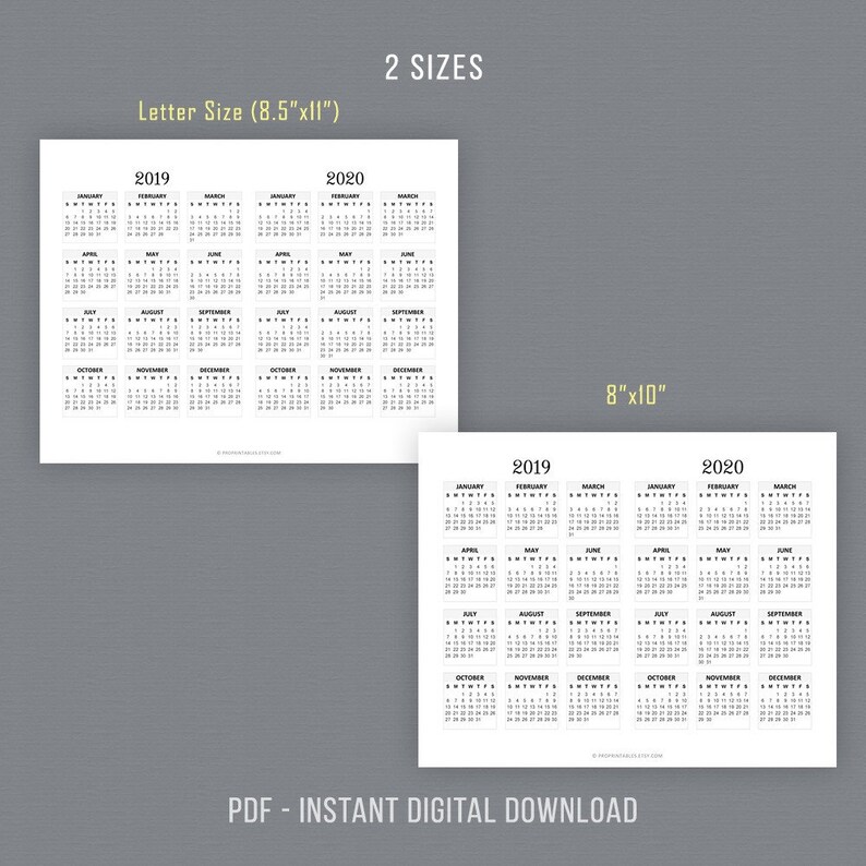 2019 2020 Yearly Calendar Horizontal Wall Calendar Desktop Calendar 2 Year Calendar 2019 Landscape Calendar Letter Size 8 X10 - 